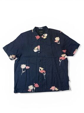 Ted Baker mens 5 XL navy blue abstract relaxed fit short sleeve neele shirt EUC